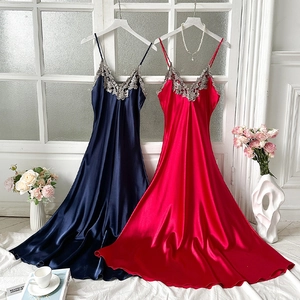 Elegant long silk slip nightgown with lace V-neck detail shown in navy and wine red