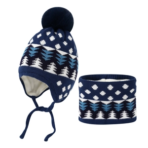 Kinder Winter Strickmütze Und Schal Fleece Gefüttert Bommel Jacquard Baum Schneeflocken Warm Für Jungen Mädchen