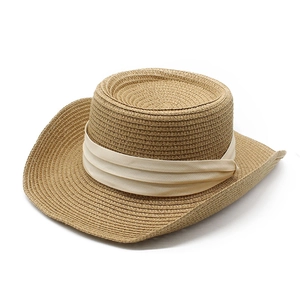 Flat top straw sun hat with wide brim and layered cream ribbon for women beach wear