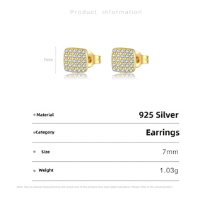Macro view of 925 silver square stud earring with gold plating and white zircon inlay