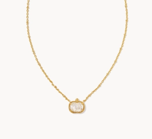 Macro detail van pompoen hanger ketting met gouden ketting en witte parelmoer inlegwerk