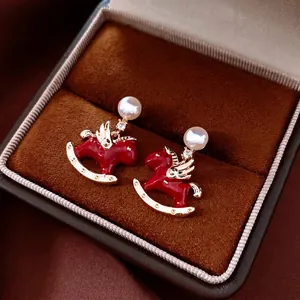 Rocking Horse Stud Earrings With Silver Earring Post Red Enamel Pegasus Copper Gold Plated Faux Artificial Pearl Zircon Women