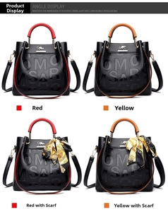 Detail of four black embossed tote bags featuring contrast handles and kangaroo logo