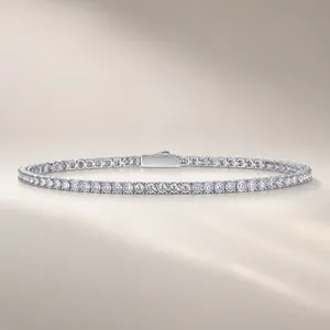 Macro shot of silver moissanite tennis bracelet with elegant bezel-set sparkling stones