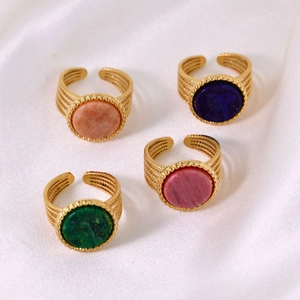Minimalist gold-plated stainless steel open rings with colorful natural gemstones on white silk