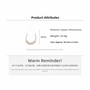 Detail specifications of rhinestone pendant necklace with dimensions and 33.8g weight info