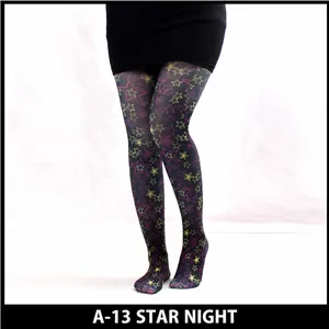 Detail view of sheer tights featuring colorful hollow and solid star pattern motifs