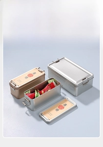 Detail of vintage rectangular tin boxes with metal buckles and side handles in two colors