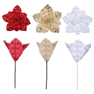 Glitter poinsettia Christmas flowers in red, gold, and white with matching leaves