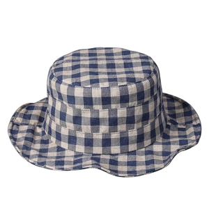 Classic blue and white plaid linen bucket hat for women with flat top and wavy brim
