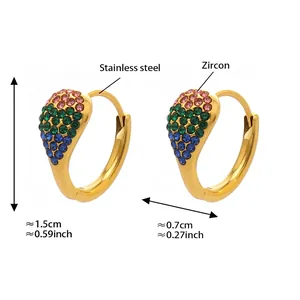 Detailed size chart of stainless steel teardrop earrings with rainbow cubic zirconia