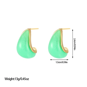 Detail view of mint green resin drop earrings with 18K gold plated trim and measurements
