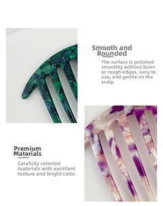 Detail of 6-tooth acetate hair combs showing green and purple marble texture finishes