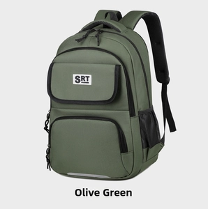 Side view of dark green backpack with mesh side pocket and grey reflective safety strip