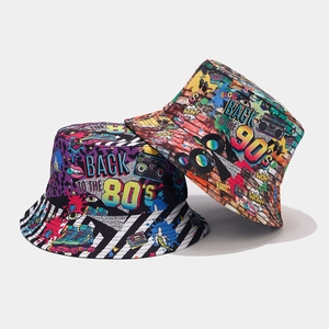 Retro graffiti bucket hat with 80s 90s pop patterns on a clean studio background