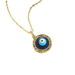 Golden Evil Eye necklace with multi-color rhinestones on a fine link chain for women
