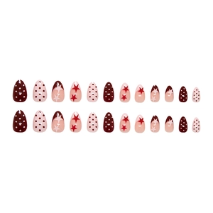 French dot press on nails with pink star patterns in medium almond shape 24pcs set