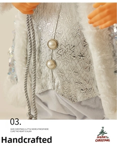Macro view of silver Santa doll featuring snowflake pattern fabric and pearl buttons