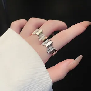 Gold plated irregular geometric ring with mother of pearl and paved zircons for women