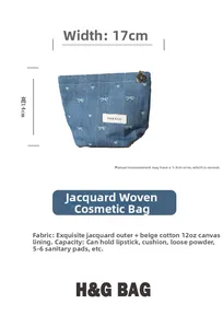 Detail showing dimensions of blue denim jacquard cosmetic bag with bow patterns