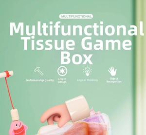 Macro detail of toddler tissue box toy with fabric tissues and wooden magnetic fishing set