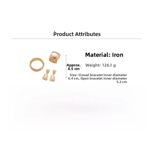 Detail specifications of golden metal jewelry set including bangles, rings and earrings