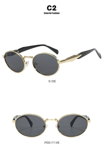 Front and side views of vintage oval gold metal sunglasses with black lenses and temple tips