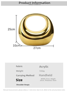 Especificaciones de tamaño del bolso de noche circular de acrílico dorado con asa superior