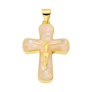 Detailed view of golden cross pendant with crucifix and iridescent shell inlay for DIY jewelry