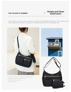 Detail of waterproof nylon crossbody bag featuring double front zip pockets and coin pouch