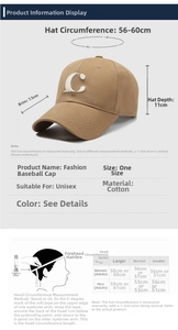 Detailed size specifications and head circumference guide for the cotton baseball cap