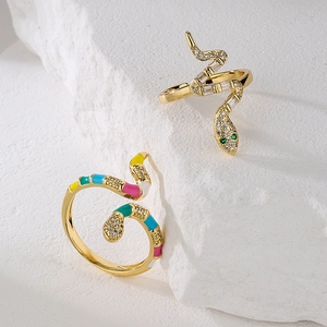 Snake open ring in 18K gold plating with colorful enamel and zircon stones
