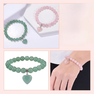 Bracelets en perles de pierre naturelle 8mm vertes et roses avec pendentifs cœur pour femme