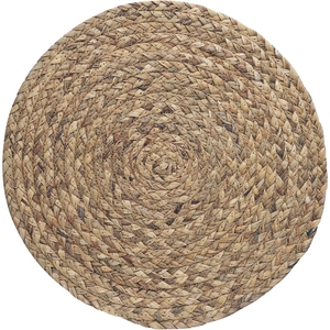 Handwoven round water hyacinth placemat with natural spiral texture and heat resistance