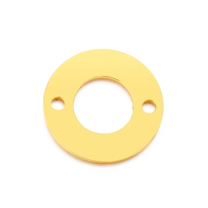 Polished gold round metal gasket with dual fixing holes shown on white background