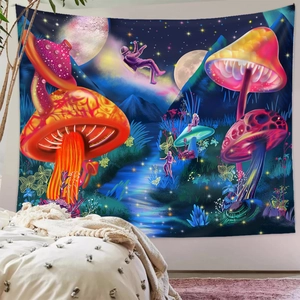 Surreal mushroom tapestry with astronaut in galaxy theme for bedroom wall decoration