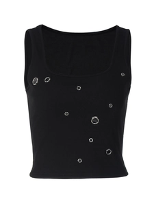 Women's black ribbed tank top with silver metal eyelets and a minimalist round neckline