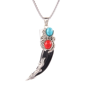 Vintage tribal faux wolf tooth necklace with silver chain and red blue gemstone accents