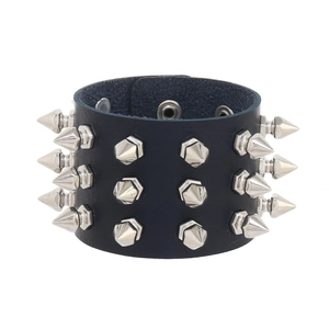 Punk style wide black leather bracelet featuring three rows of silver metal cone spikes