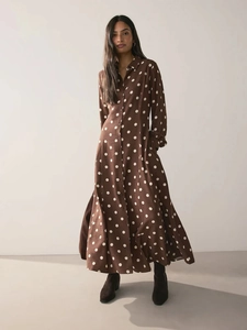 Robe Maxi À Pois Polyester Manches Longues Revers Boutonné Taille Haute Décontracté Élégant Vintage Femmes