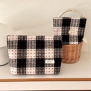Vintage black and white plaid wool cosmetic bag set with red polka dot pattern