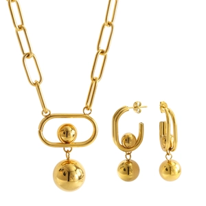 Golden stainless steel jewelry set featuring oval links and spherical pendants for women