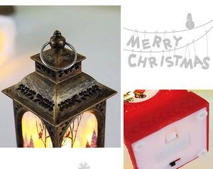 Detail of Christmas lantern showing metal ring handle and battery compartment base