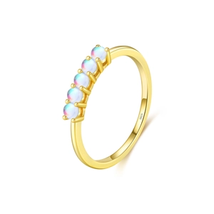 S925 sterling silver gold plated ring with five round iridescent opal gemstones
