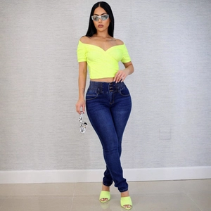 High waist button-up skinny jeans with vibrant yellow off-shoulder top for women
