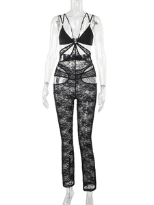 Detail of black lace bodysuit with ribbon bow bust and sexy waist cut-out design