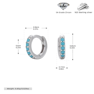 Detail view of S925 sterling silver hoop earrings with turquoise and size specifications