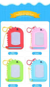 Detailed grid of four mini dinosaur magnetic drawing boards in red, pink, green, and blue