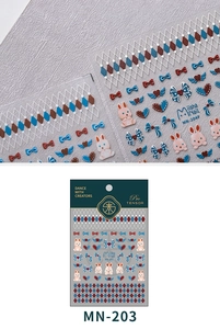Close-up of 5D embossed nail art stickers with vintage bows, hearts, and rabbit designs