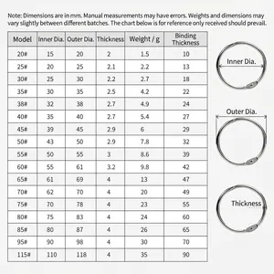 Various sizes of metal open binder rings for books and albums with detailed specifications